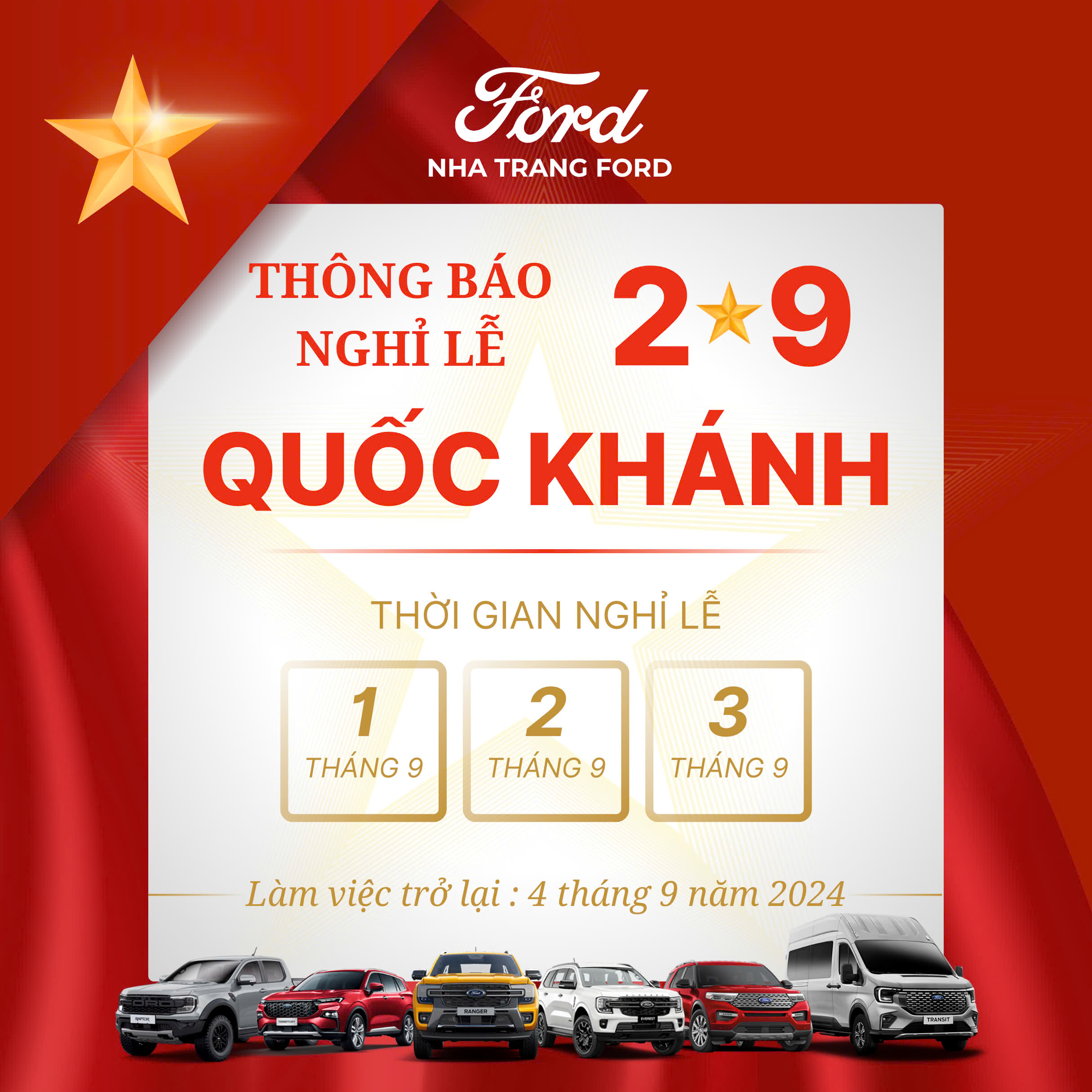 NHA TRANG FORD THÔNG BÁO LỊCH NGHỈ LỄ 2.9